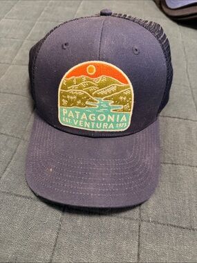 Patagonia Navy Trucker Hat with Orange, Olive, and Aqua Patch